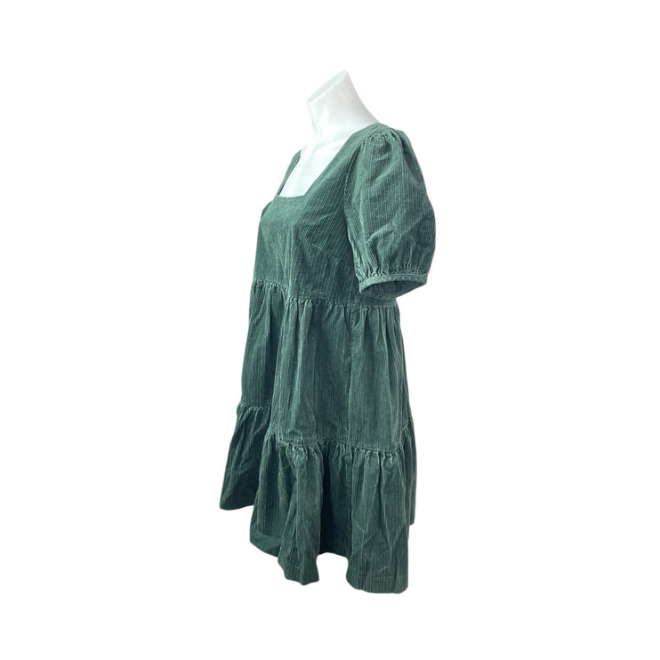 Madewell Women's Green Corduroy Short Puff Sleeve Tiered A Line Mini Dress Sz 4