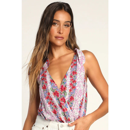 Lulus Always Blossoming Purple Floral Tie Strap Faux Wrap Bodysuit Top Size L