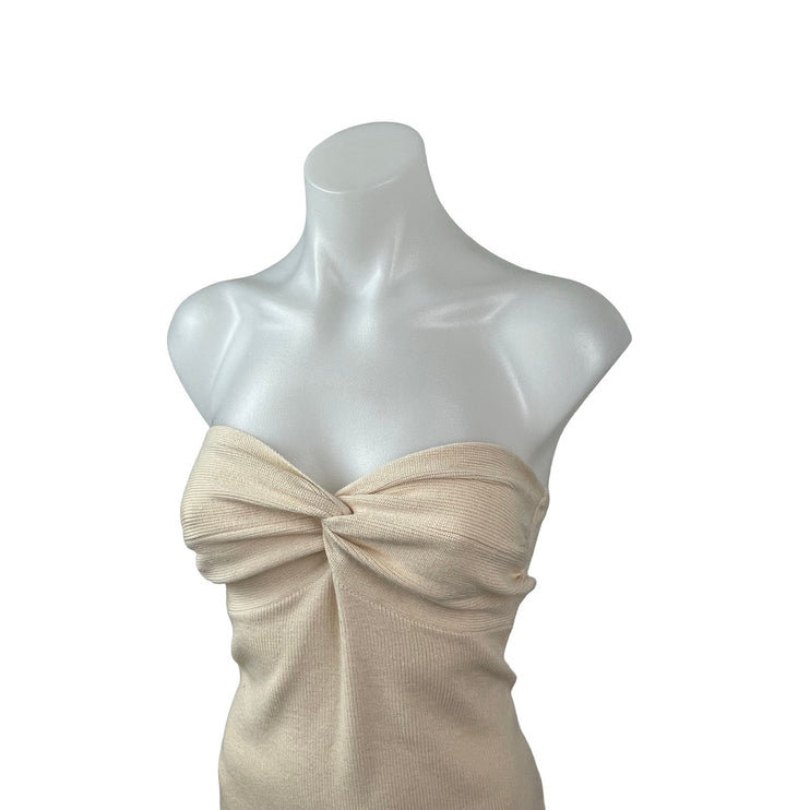 NEW Lillusory Beige Knit Twist Front Strapless Tube Bandeau Midi Bodycon Dress S