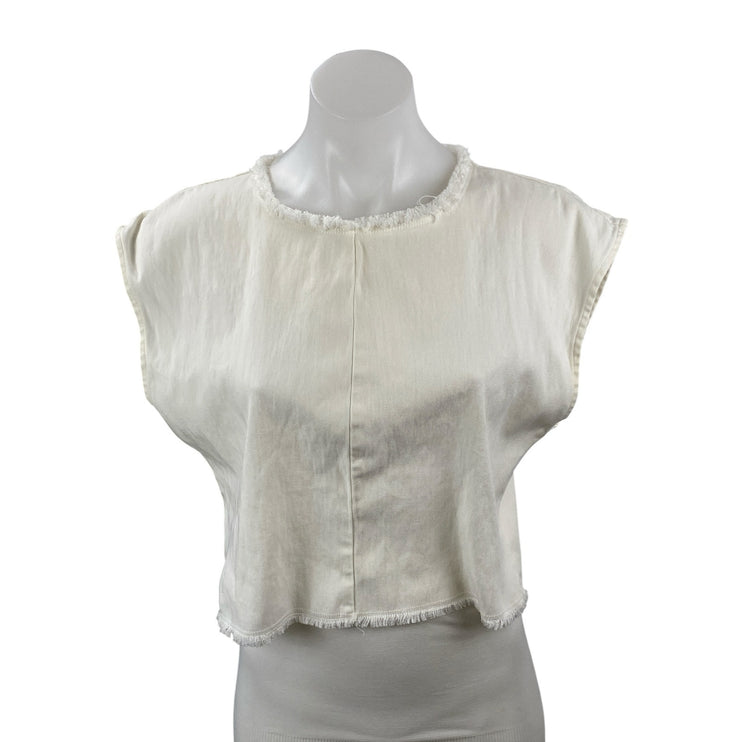 Aritzia Wilfred Women's White Drop Shoulder Fringe Cropped Blouse Top Size M
