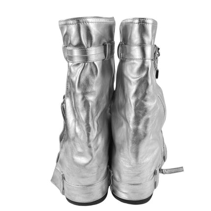 Women's Silver Metallic Leather Zip Fold Over Padlock Platform Mid