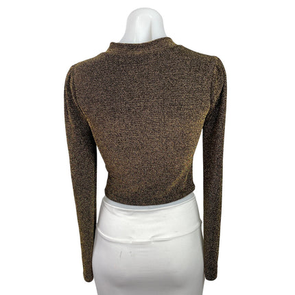Milk & Honey Brown Metallic Twist Front Cutout Long Sleeve Crop Blouse Top Sz S
