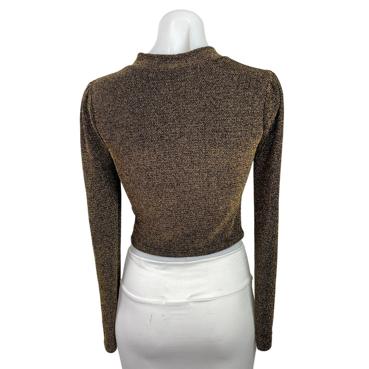 Milk & Honey Brown Metallic Twist Front Cutout Long Sleeve Crop Blouse Top Sz S