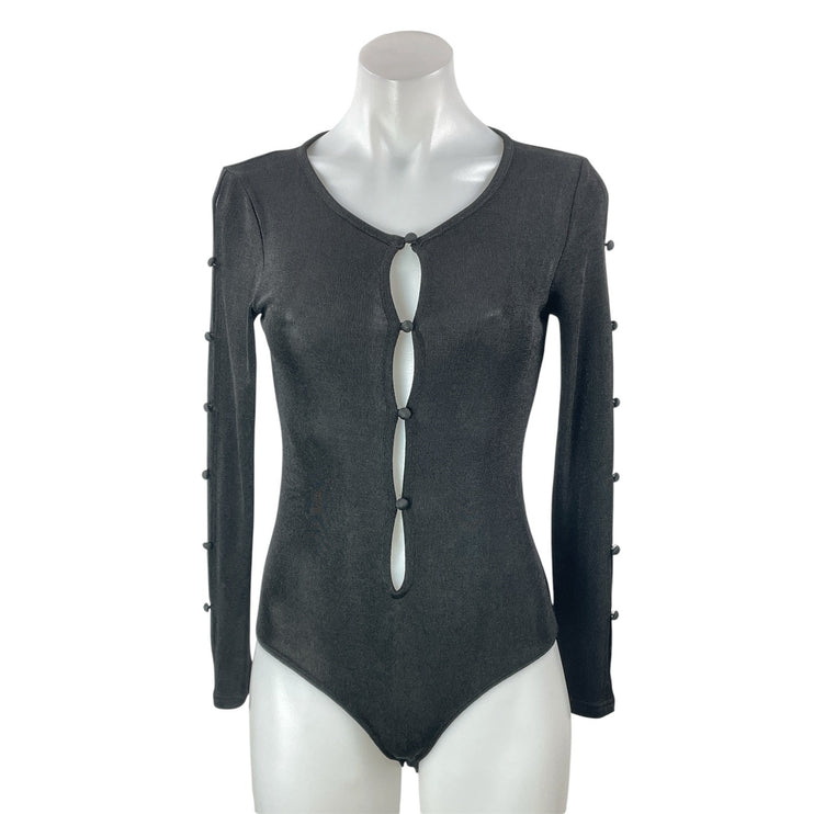 Princess Polly Dark Gray Long Sleeve Button Cutout Scoop Bodysuit Top Size 4