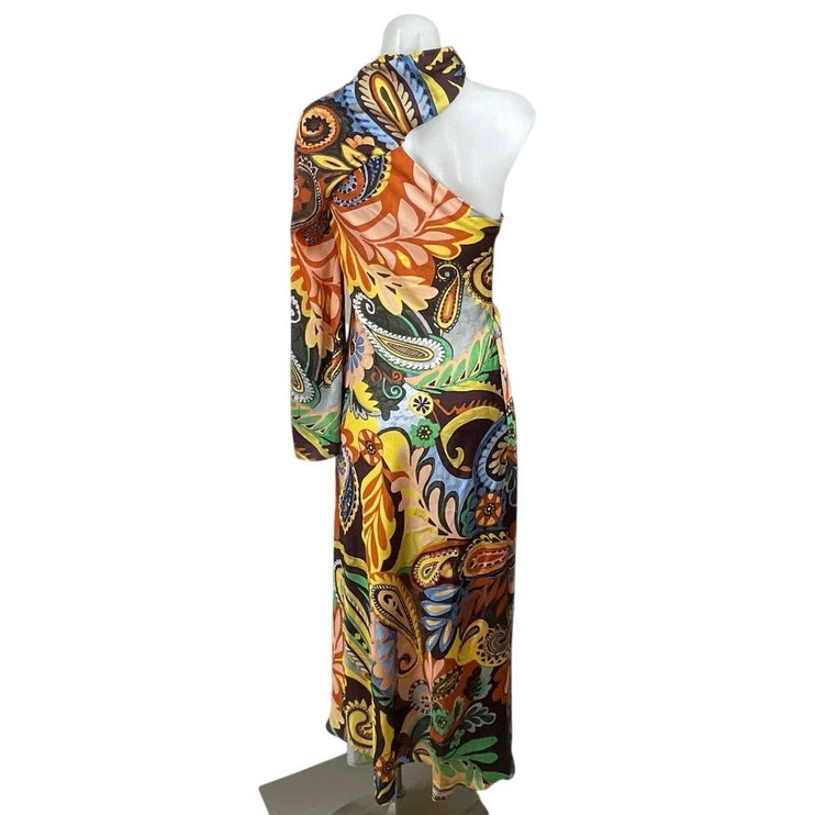 Zara Multicolor Floral Paisley One Shoulder Mock Neck Slit Sheath Maxi Dress S