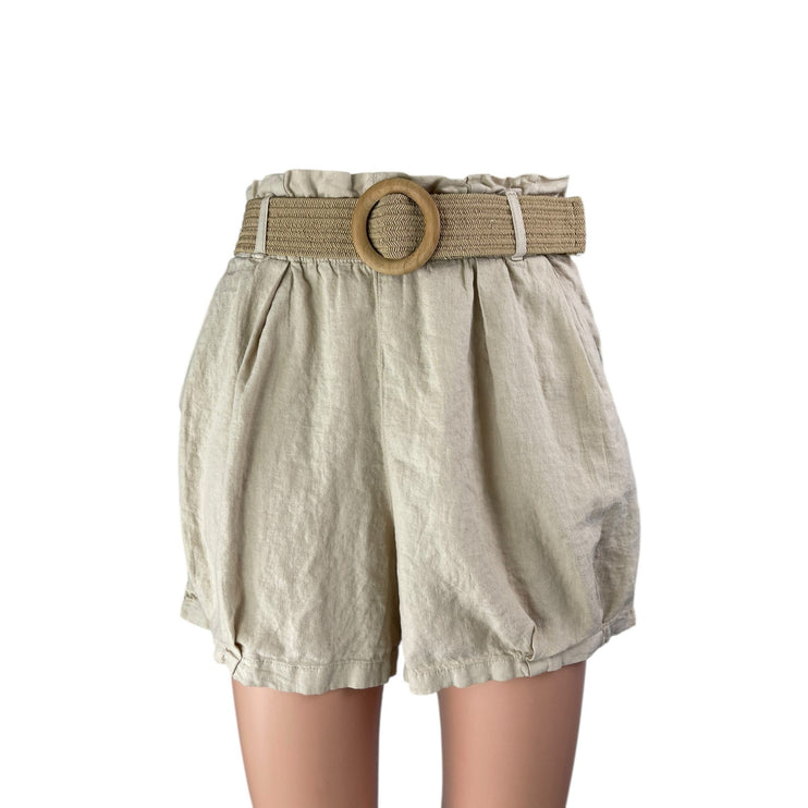 Zara Women's Beige High Waisted Belted Wide Leg Paper bag Mini Shorts Size XS