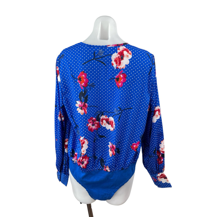Influence Women's Blue Floral Polka Dots Long Sleeve Faux Wrap Bodysuit Top 12