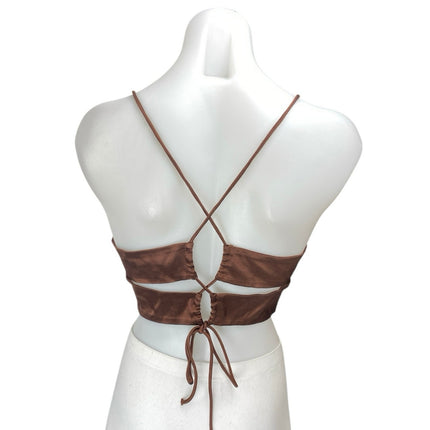 Zara Brown Silk Satin Sleeveless Cut Out Cami Camisole Tank Crop Top Size S