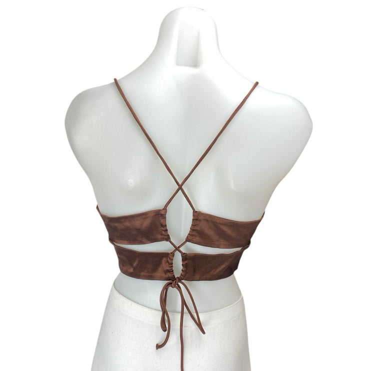 Zara Brown Silk Satin Sleeveless Cut Out Cami Camisole Tank Crop Top Size S