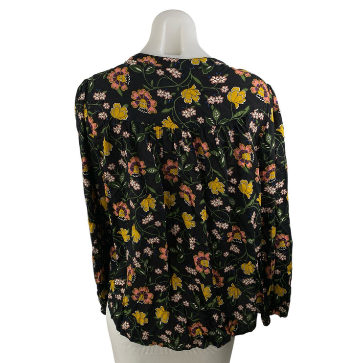 Philosophy Black Floral Long Sleeve Tie Neck Keyhole Shirt Blouse Top Size L