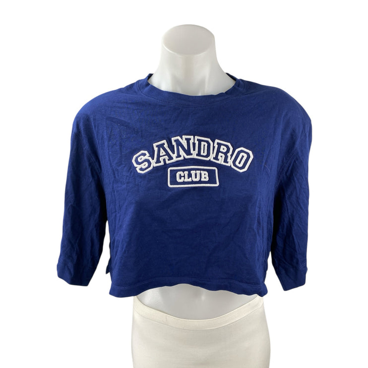 Sandro Womens Blue Embroidered Logo Crew Neck Half Sleeve Crop Tee T-shirt Top M