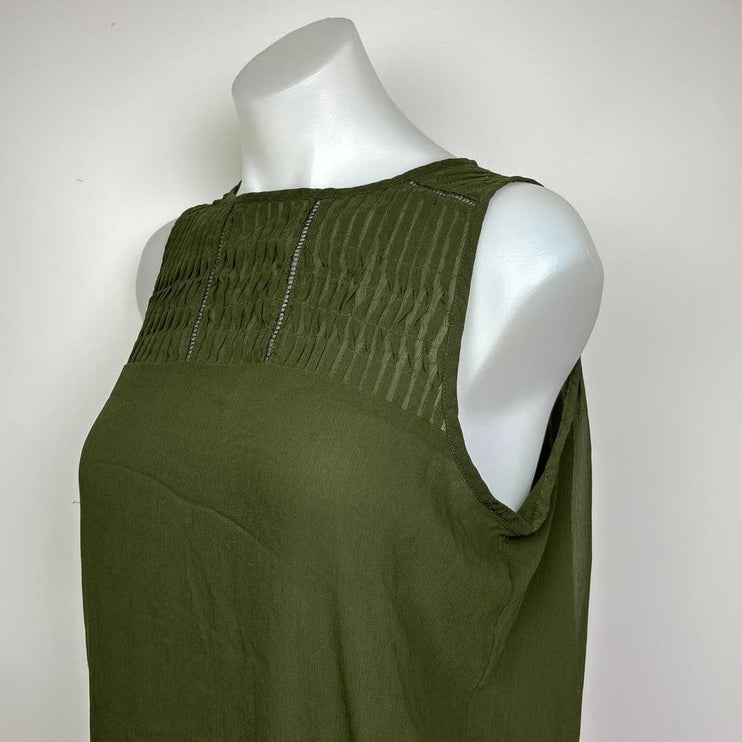 Banana Republic Army Green Ruched Pintuck Bateau Sleeveless Blouse Top Size S