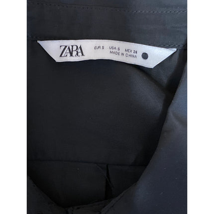 Zara Women's Black Collared Short Sleeve Crop Button Down Shirt Blouse Top Sz S