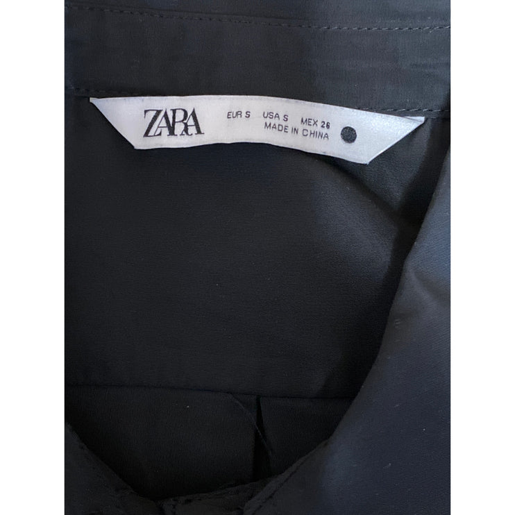 Zara Women's Black Collared Short Sleeve Crop Button Down Shirt Blouse Top Sz S