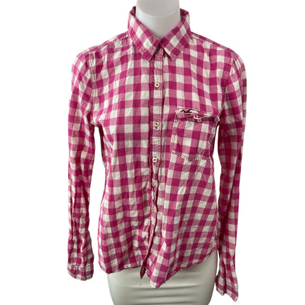 Hollister Women's Pink Gingham Checkered Long Sleeve Button Down Shirt Top Sz L