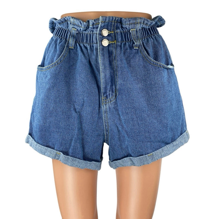 Plaid & Plain Women's Blue High Rise Paperbag Cuffed Denim Jean Shorts Size M