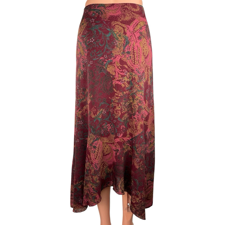 J.Jill Maroon Floral Paisley Asymmetrical Hem Midi Straight Pencil Skirt Size M