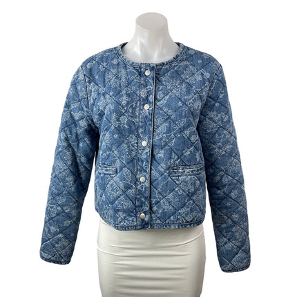 Rachel Zoe Womens Blue Long Sleeves Floral Print Quilted Denim Jeans Jacket Sz M