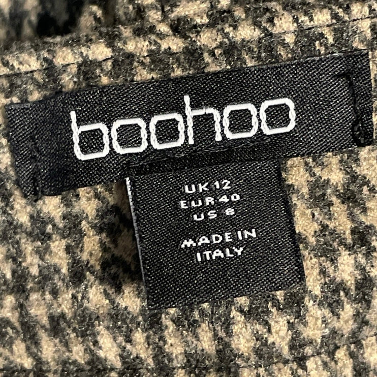 Boohoo Women's Beige Houndstooth High Rise Wide Leg Baggy Trousers Pants Size 8