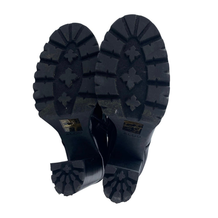 ALDO Glitteratti Black Patchworks Lace Up High Heels Ankle Combat Boots Size 8.5