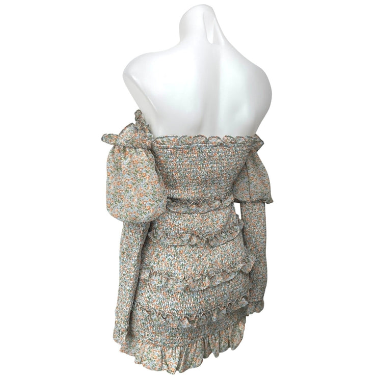 Alamour Jules Floral Off Shoulder Shirred Smocked Puff Sleeve Mini Dress Size XS