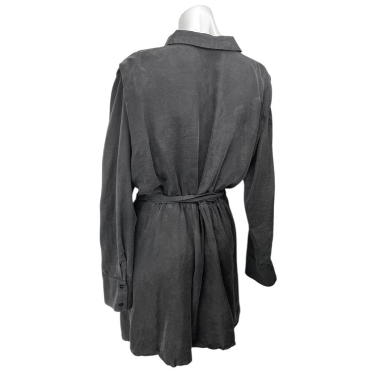 Zara Black Long Sleeve Tie Waist Collared Button Down Mini Shirt Dress Size XL