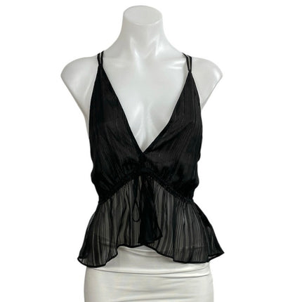 Express Black Sheer Mesh Plisse Deep V Neck Sleeveless Peplum Cami Tank Top Sz S