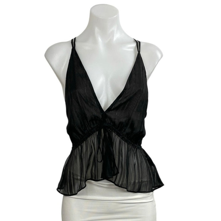 Express Black Sheer Mesh Plisse Deep V Neck Sleeveless Peplum Cami Tank Top Sz S