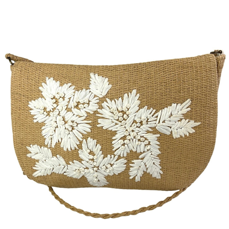 Oysho Women's Beige Tan Raffia Embroidered Floral Crossbody Shoulder Bag