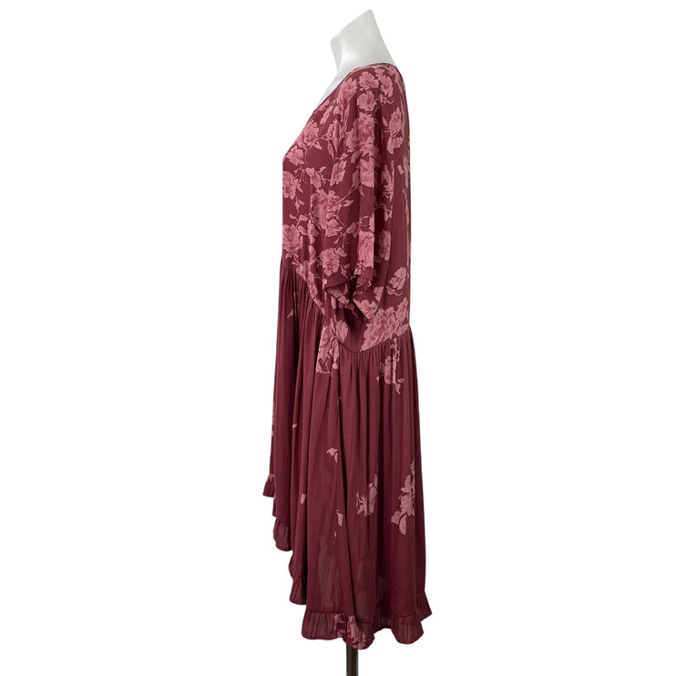 Free People Pink Red Short Sleeves Floral Button Down Tunic Mini Dress Size SP