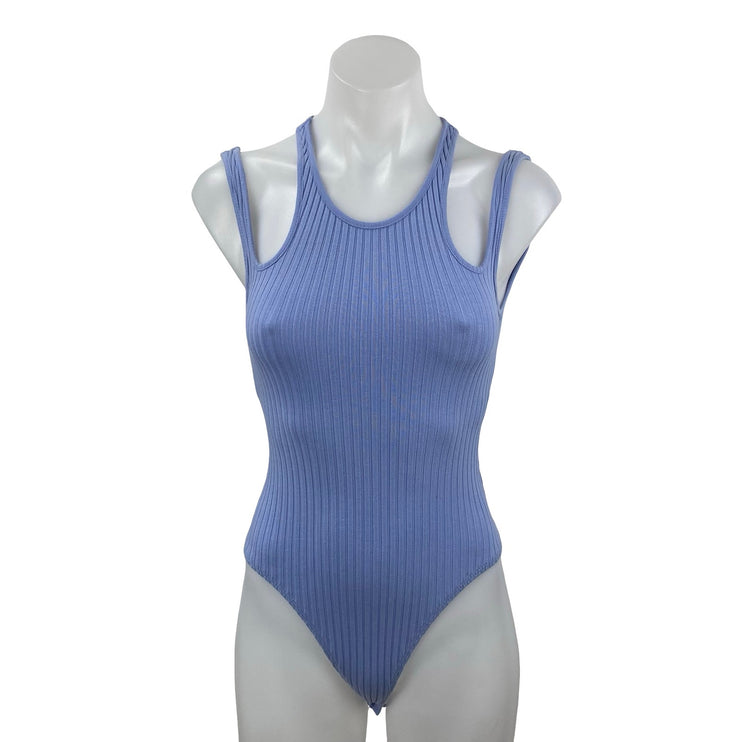 Zara Women's Blue Ribbed Cut Out High Neck Sleeveless Cami Tank Bodysuit Top S