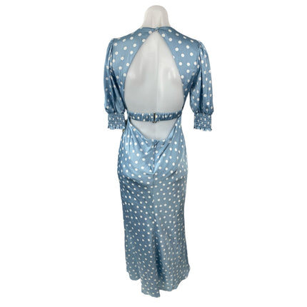 NEW B Darlin Blue Polka Dots Silk Satin Half Puff Sleeve Maxi Dress Size 7/8