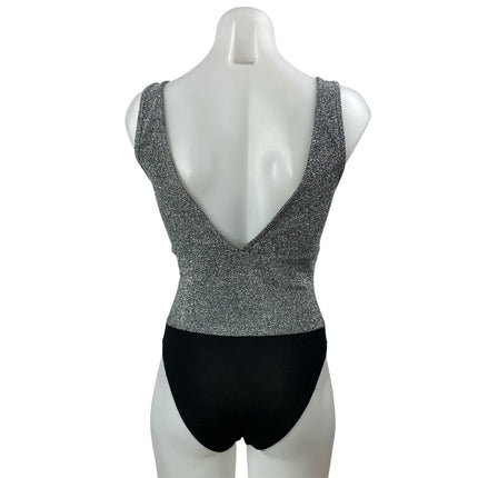Zara Black Silver Metallic Thread Sleeveless Knit Lurex V-neck Bodysuit Top Sz S