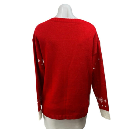 Women's Red Santa Claus Reindeer Fair Isle Embroidered Long Sleeve Sweater Sz M