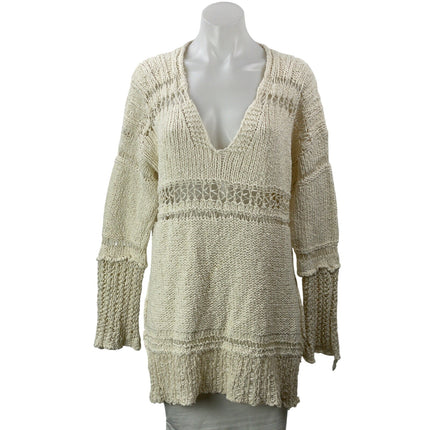 Free People Belong To You Womens Ivory White Long Sleeve Open Knit Sweater Top M
