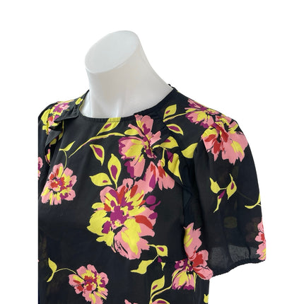 Who What Wear Women's Black Floral Short Sleeve Crew Neck Blouse Top Size XS