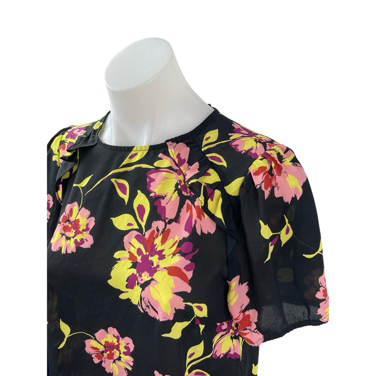 Who What Wear Women's Black Floral Short Sleeve Crew Neck Blouse Top Size XS