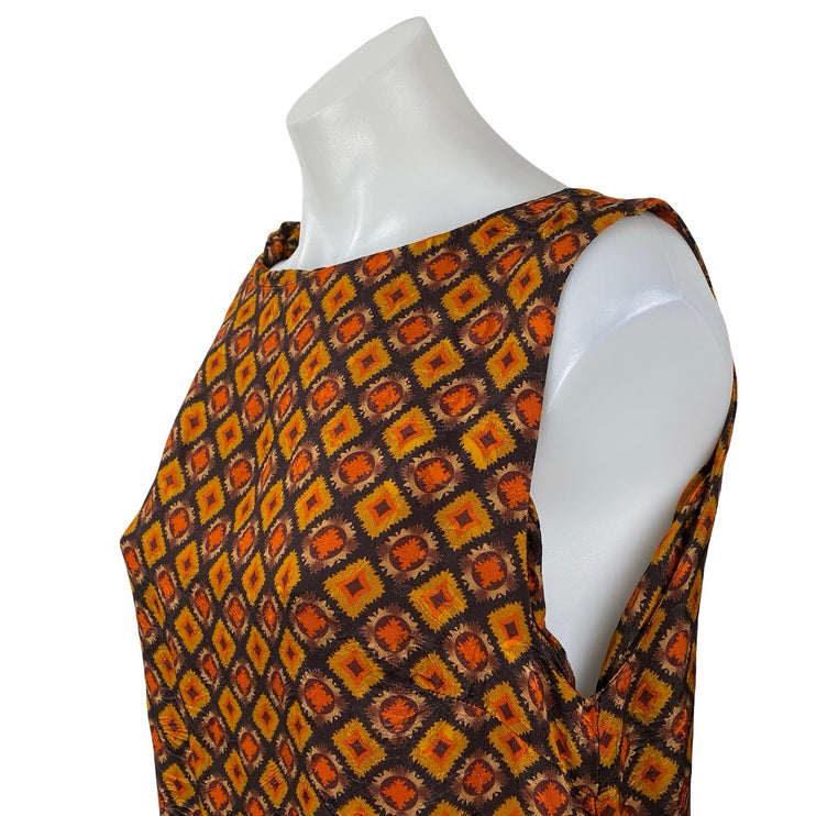 Women's Brown 100% Silk Geometric Sleeveless Bateau Neck A Line Midi Dress 12