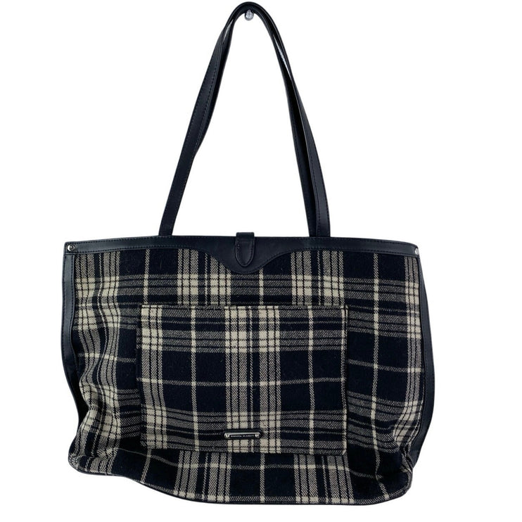 Rebecca Minkoff Megan Black Flannel Plaid Leather Shoulder Travel Tote Bag OS