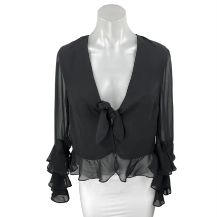 Tularosa Winnie Black Ruffle Plunge Tie V-neck Long Sleeve Peplum Blouse Top XS