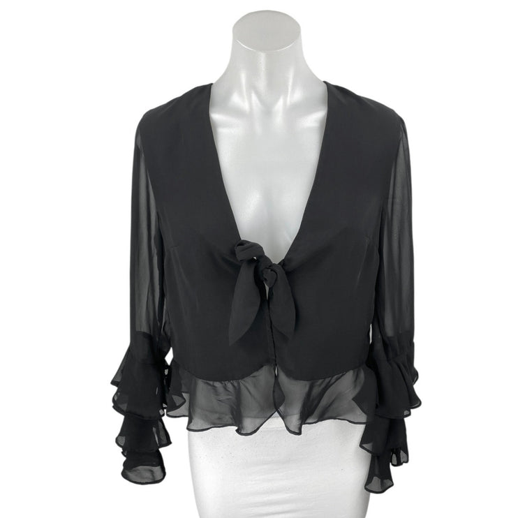 Tularosa Winnie Black Ruffle Plunge Tie V-neck Long Sleeve Peplum Blouse Top XS