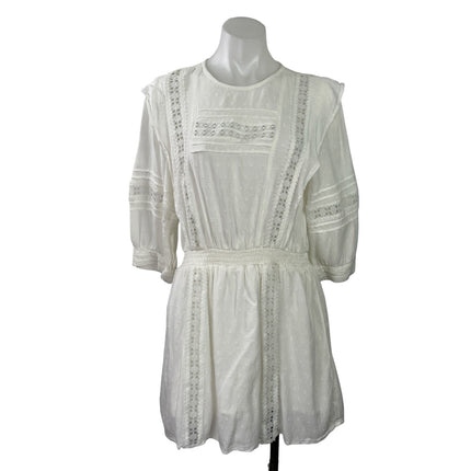 H&M Women's White Lace Boho 3/4 Sleeve Smocked Fit & Flare Mini Dress Size 10