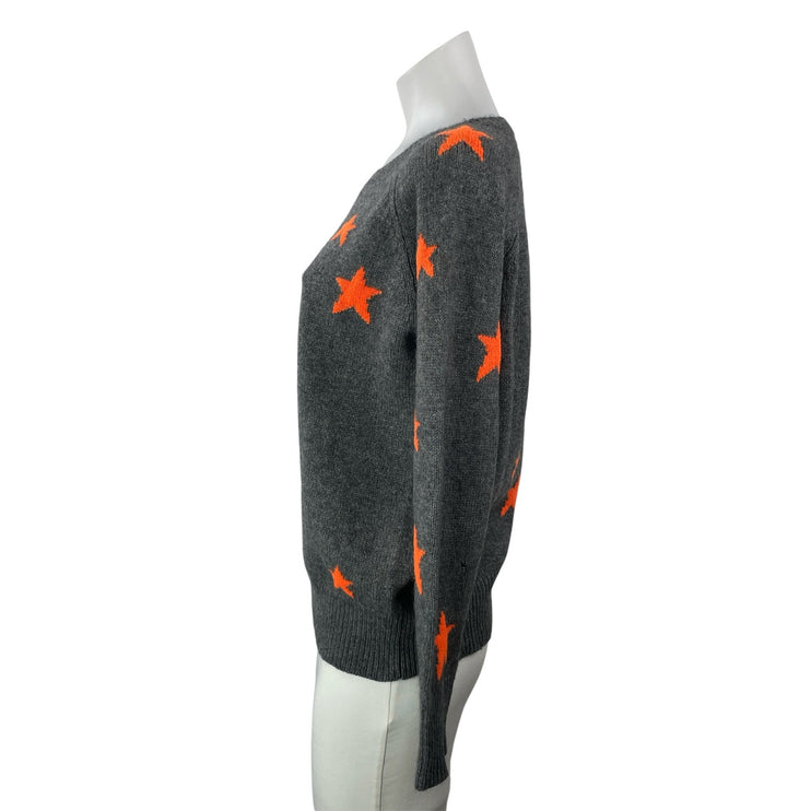 360 Cashmere Women's Gray Orange Star Knit Long Sleeve Round Sweater Top Size S