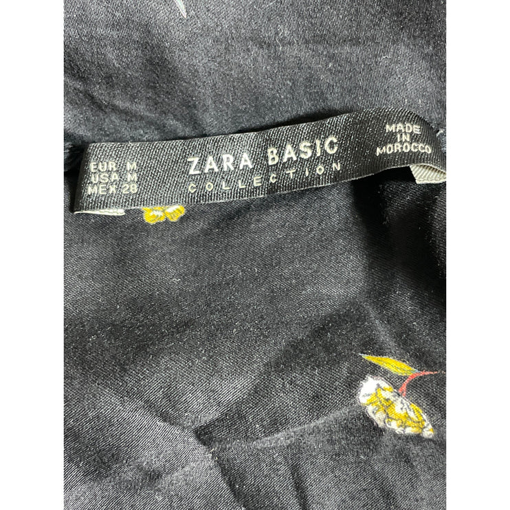 Zara Women's Black Floral Long Sleeve V Neck Tie Wrap Peplum Blouse Top Size M
