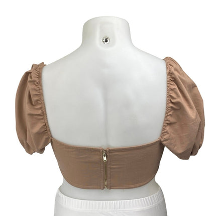 SABO Women's Tan Linen Short Puff Sleeve Bandeau Tube Blouse Crop Top Size M
