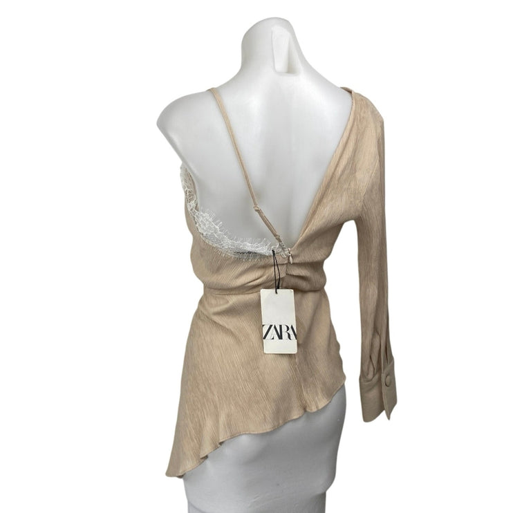 NEW Zara Beige Tan Asymmetrical Cami V Neck Lace One Shoulder Blouse Top Size S