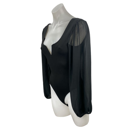 Lulus Women's Black Long Sleeve Mesh Notch V Neck Open Back Bodysuit Top Size XS