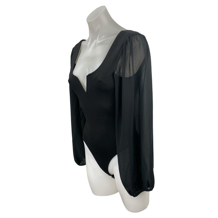 Lulus Women's Black Long Sleeve Mesh Notch V Neck Open Back Bodysuit Top Size XS