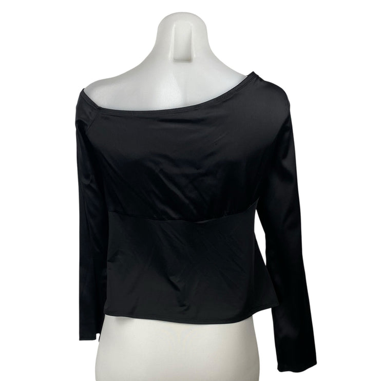 NEW L'Agence Women's Black Silk Satin Draped Long Sleeve Blouse Top Size L