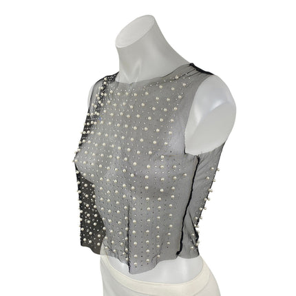 Women's Black Mesh Sheer Beaded Rhinestone Pearl Cami Tank Crop Top Size S